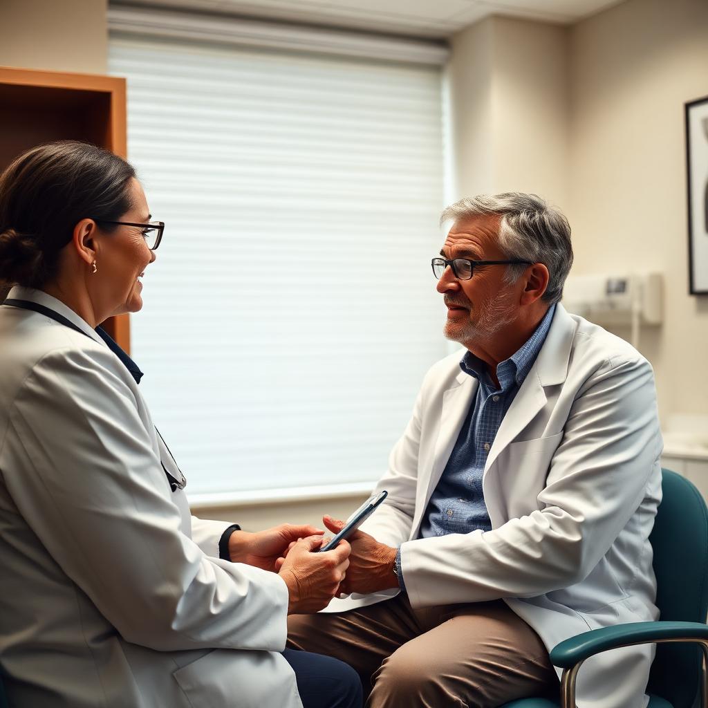 A compassionate nephrologist reviewing kidney-function trends with a middle-aged patient in a calm, premium medical office.