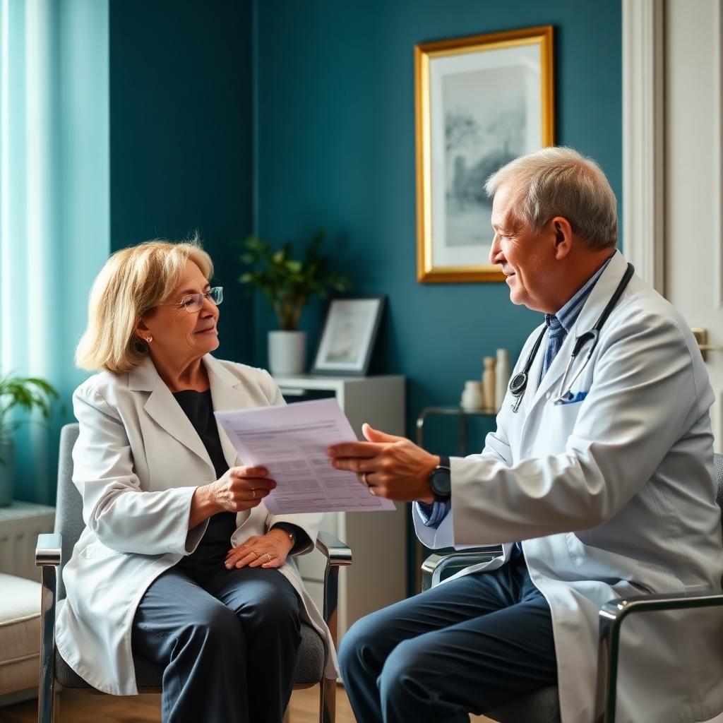 A board-certified nephrologist calmly reviewing kidney blood and urine test trends with a middle-aged patient in a Prosper, Texas medical office.