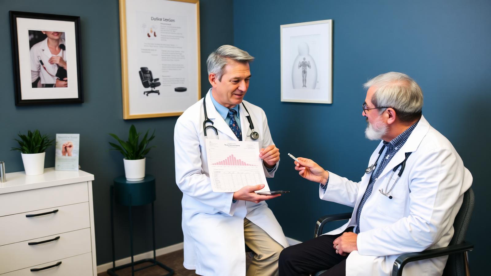 A nephrologist and patient reviewing a home blood-pressure log and kidney laboratory trends in a concierge medical office.