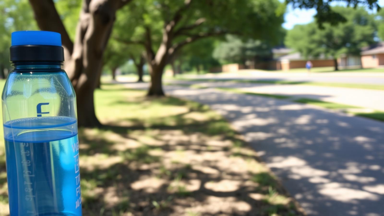A reusable water bottle beside a shaded walking trail on a hot summer day in North Texas.