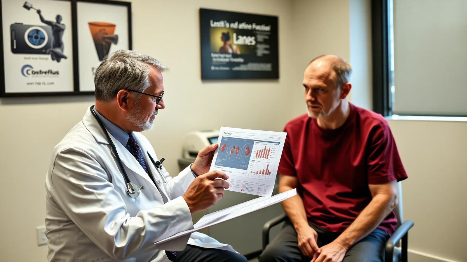 A board-certified nephrologist reviewing kidney function results with a patient in a calm North Texas medical office.